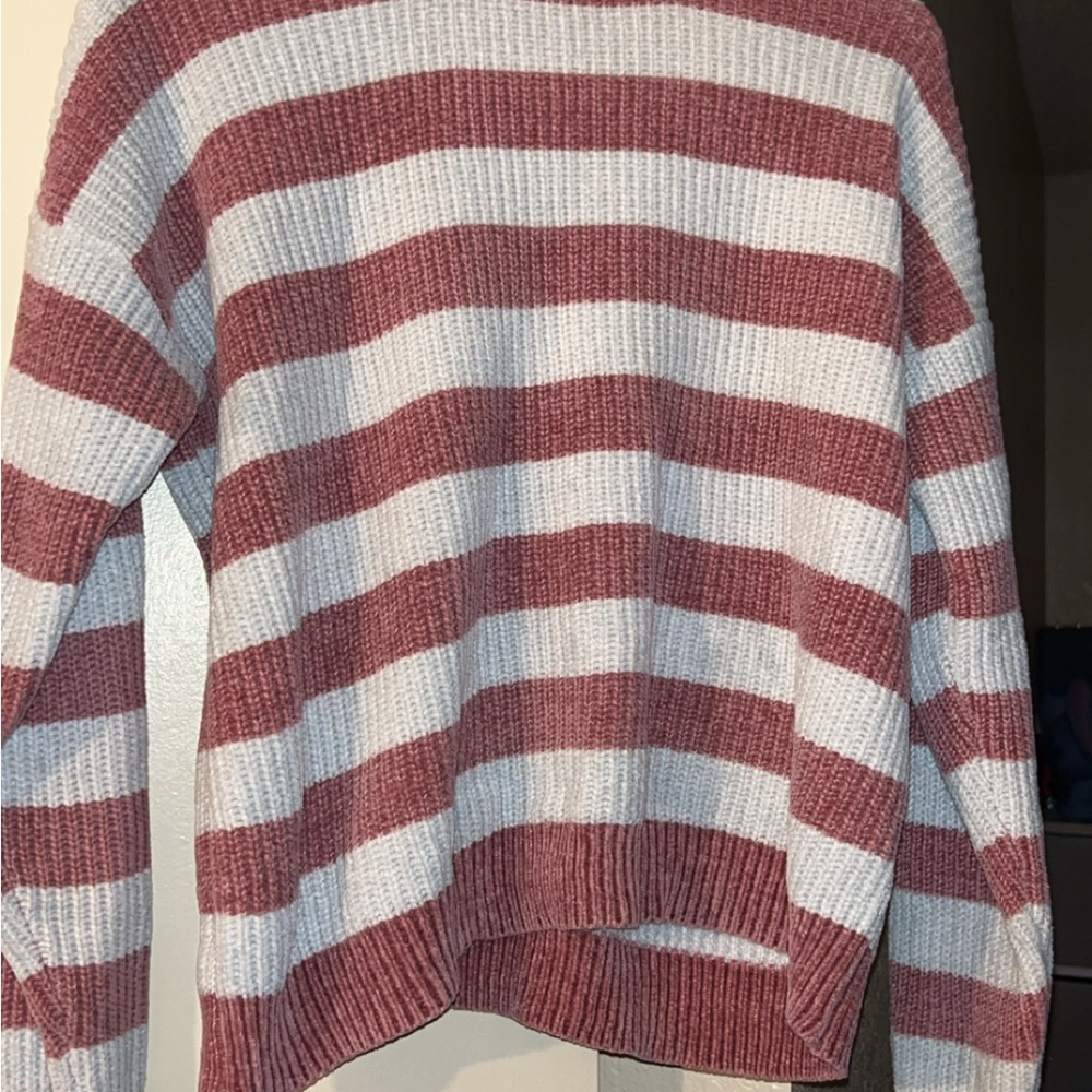 Red and White Crew Neck Striped Sweater